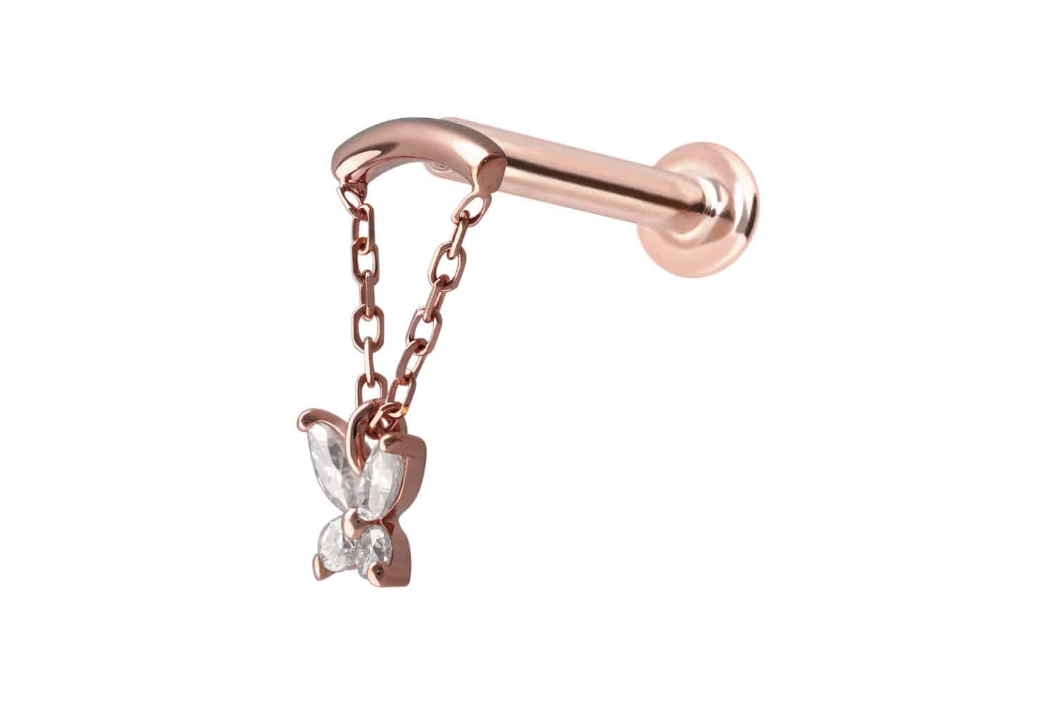 14 Karat Gold Labret Piercing mit Push Fit MOISSANIT-SCHMETTERLING + BOGEN + KETTE